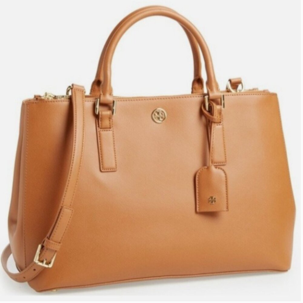 Tory Burch Robinson Double-Zip Luggage Brown Saffiano Leather Tote Bag AUTH